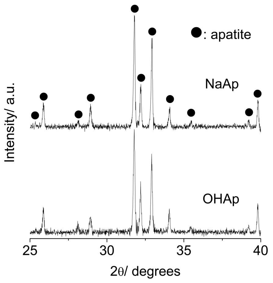 그림 92. 수산화아파타이트와 소듐아파타이트 과립의 XRD 분석 결과.