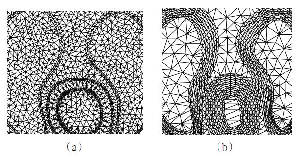 (a) 정문제를 풀기 위해 사용된 메쉬 구조, (b) 역문제를 풀기 위해 사용된 메쉬 구조.