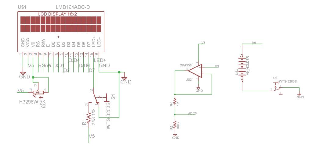 전류 모듈의 상태 표시 LCD 제어(좌) 및 전류 잔량 체크를 위한 voltage follower 회로(우)