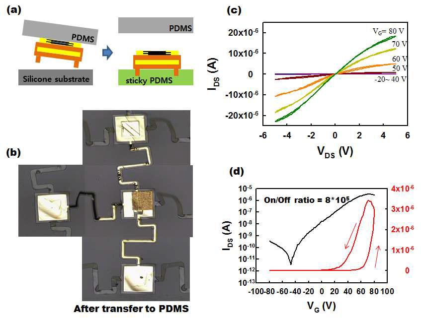 접착력이 다른 PDMS 기판을 이용한 소자 전이 및 전기적 특성
