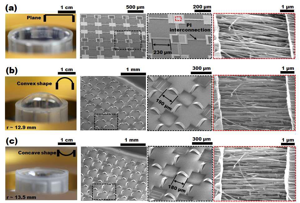 평평한 형태, 볼록한 반구 형태, 오목한 반구 형태로 변형을 가했을 때 소자 전체 및 나노선 이미지