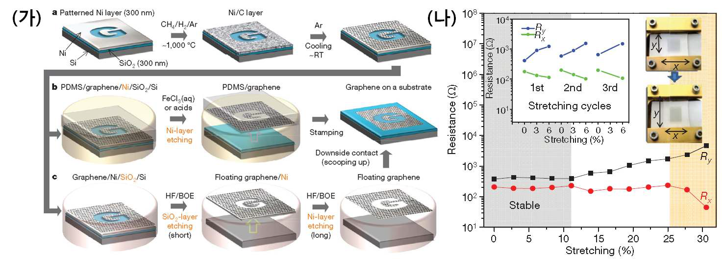 (가) 웨이퍼 수준의 그래핀 층 성장 및 전이에 대한 개요 및 (나) 전이된 그래핀 층의 stretching에 따른 저항 변화