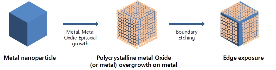 그림. 금속 나노 구조 위에 다결정으로 성장하는 산화물의 면간 경계면을 선택적으로 etching하여 금속의 모서리만을 노출시키는 방법