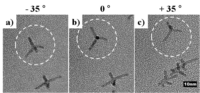 그림. tilting 각도에 따라 얻어진 Rh tripod TEM 이미지