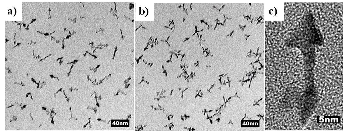 그림. a) 화살모양의 1-D Rh 나노물질, b) 화살모양으로 가지가 성장한 Rh tetrapods 나노물질, c)화살모양의 Rh 나노물질의 HRTEM 이미지