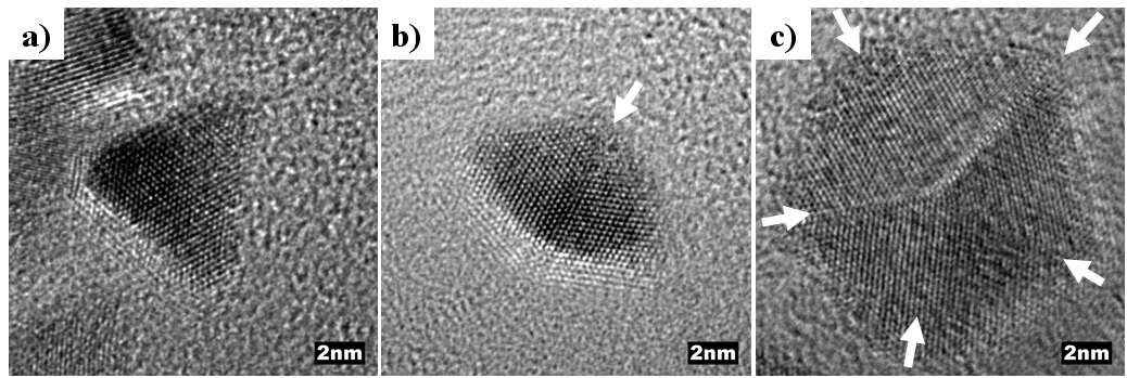 그림. a) 단결정성을 갖는 tetrahedron b) 한 개의 경계면(grain boundary)을 갖는 bipyramid, c) 다섯 개의 경계면을 갖는 pentagon Rh 나노물질의 HRTEM 이미지