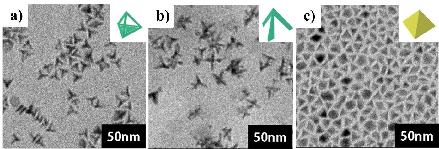 그림. a) Pd concave b) Pd frame c) Pt tetrahedron 나노입자 TEM 이미지