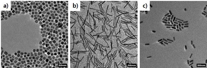 그림. Pt3Ni a) cube 입자와 b, c) 나노 막대의 TEM 이미지