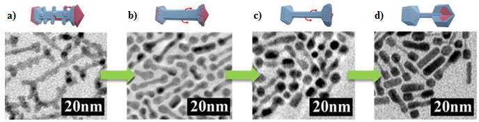 그림. Rh-Pt-Rh nanobarbell을 seed로 사용하여 a) Pt 성장 b, c) 일산화탄소에 의한 Pt 원자의 이동 d)Rh@Pt-Pt-Rh@Pt nanodumbbell의 TEM 이미지