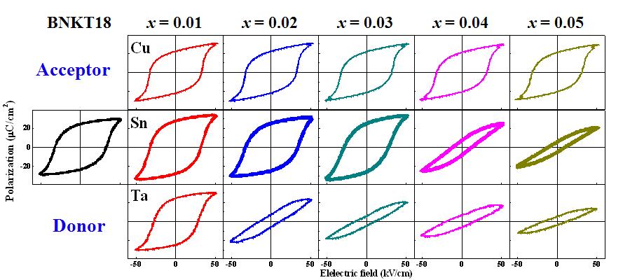 Electric-field-induced polarization (P-E) hysteresis loops of BNKT18 ceramics doped with different impurities.