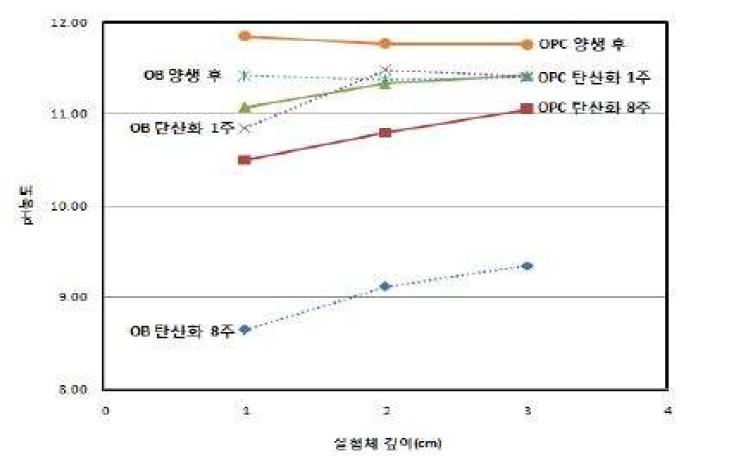 고로슬래그 치환율에 따른 재령별 탄산화 깊이