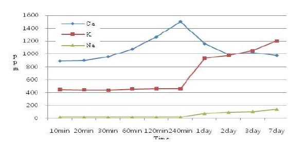 시간에 따른 수용액 이온 분석 결과
