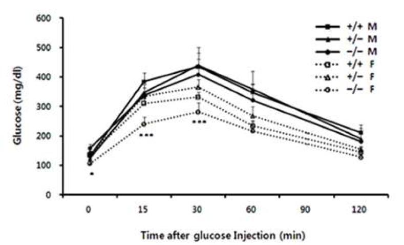 Intraperitoneal glucose tolerance tests (IPGTT) in VDUP1 knockout mice.