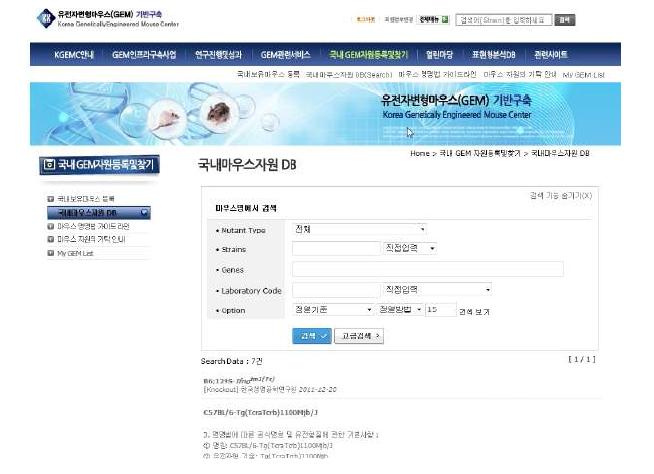국내마우스 자원 DB의 일반검색 기능.
