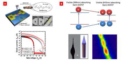 분리된 반도체 CNT를 이용한 TFT(A) 및 solar funnel(B)