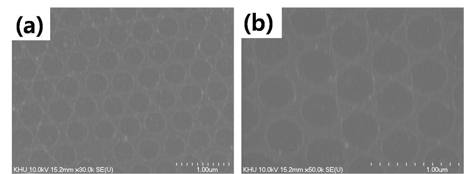 Al 증착 후 lift off 방식을 통하여 nanospheres를 제거한 후의 SEM 이미지.