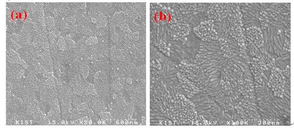 FESEM of ZnO/PEDOT:PSS (a) 50K, (b) 100K coated on ITO-glass