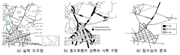 그림 2. 도시지역 내의 홍수흐름 분석 결과