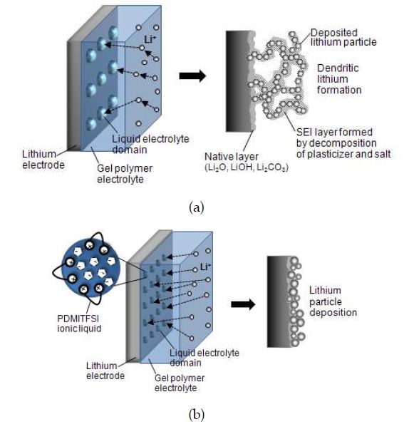 그림 9. Schematic presentation for functional role of PDMITFSI ionic liquid on lithium deposition: (a) 0% PDMITFSI, (b) 30% PDMITFSI.