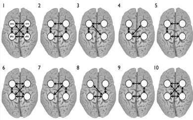 그림 29. 좌우 발 운동을 각각 수행한 뇌성마비 환자군과 정상군에 대해서 관심 운동영역을 설정 후 영역간 적절한 인과적 연결모델을 생성함