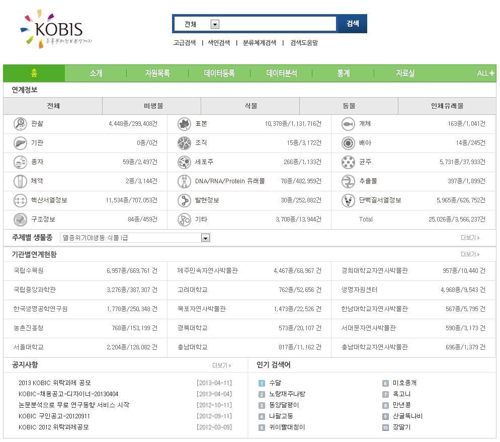 국가생명연구자원통합정보시스템의 웹포털 첫화면