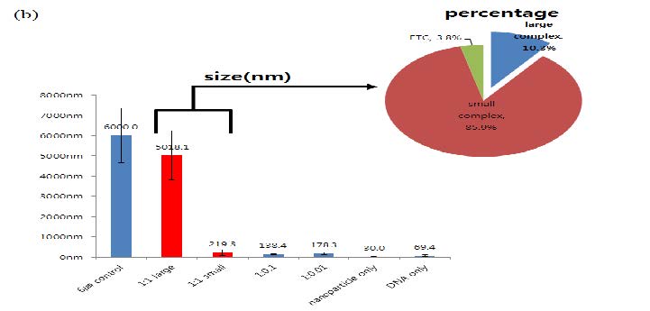 다양한 조건에서 나노파티클과 DNA가 형성하는 complex의 크기를 FACS로 측정함