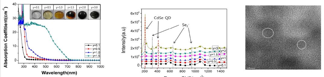 그림 3. (좌측부터) ZnSe 함량에 따른 흡수변화, 라만 스펙트럼 및 CdSe QD TEM 이미지
