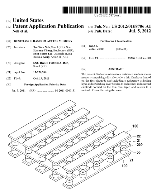 RRAM 소자에 관한 연구진의 국외 특허