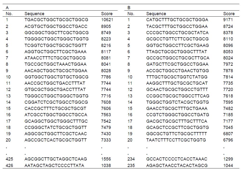 Escheriachia coli의 chromosomal DNA에서 XXCpTXX motif를 함유하는 20개의 염기서열들을 분석함
