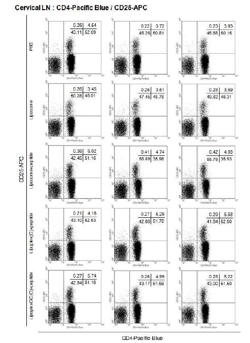 BALB/c 마우스 복강에 리포좀, 리포좀+펩타이드, 리포좀-CpG-DNA-펩타이드 복합체, 리포좀-CpG-DNA(GC)-펩타이드 복합체를 10일 간격으로 3회 투여하고, cervical lymph node에서 면역세포의 분포를 분석하였다