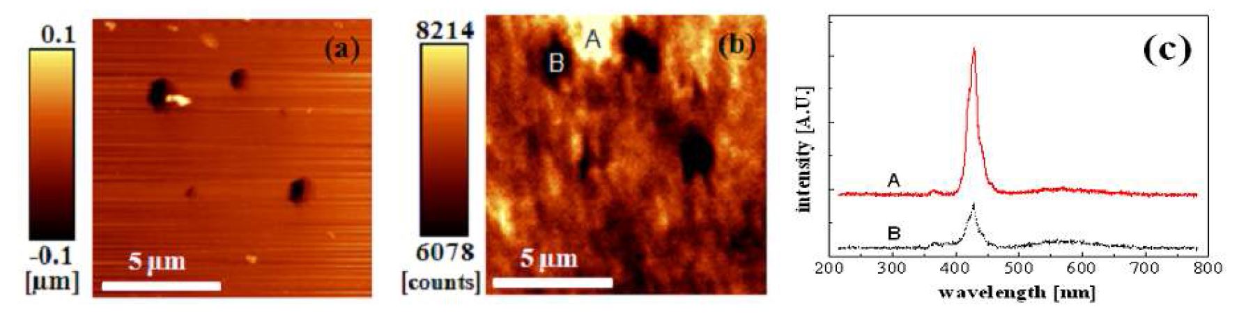 그림 14 자외선 AFM - 공초점 융합현미경을 이용한 InGaN/GaN 의 (a)표면 V 결함과 (b)발광특성의 동시측정결과 및 (c)분광기를 이용한 발광파장 측정결과.