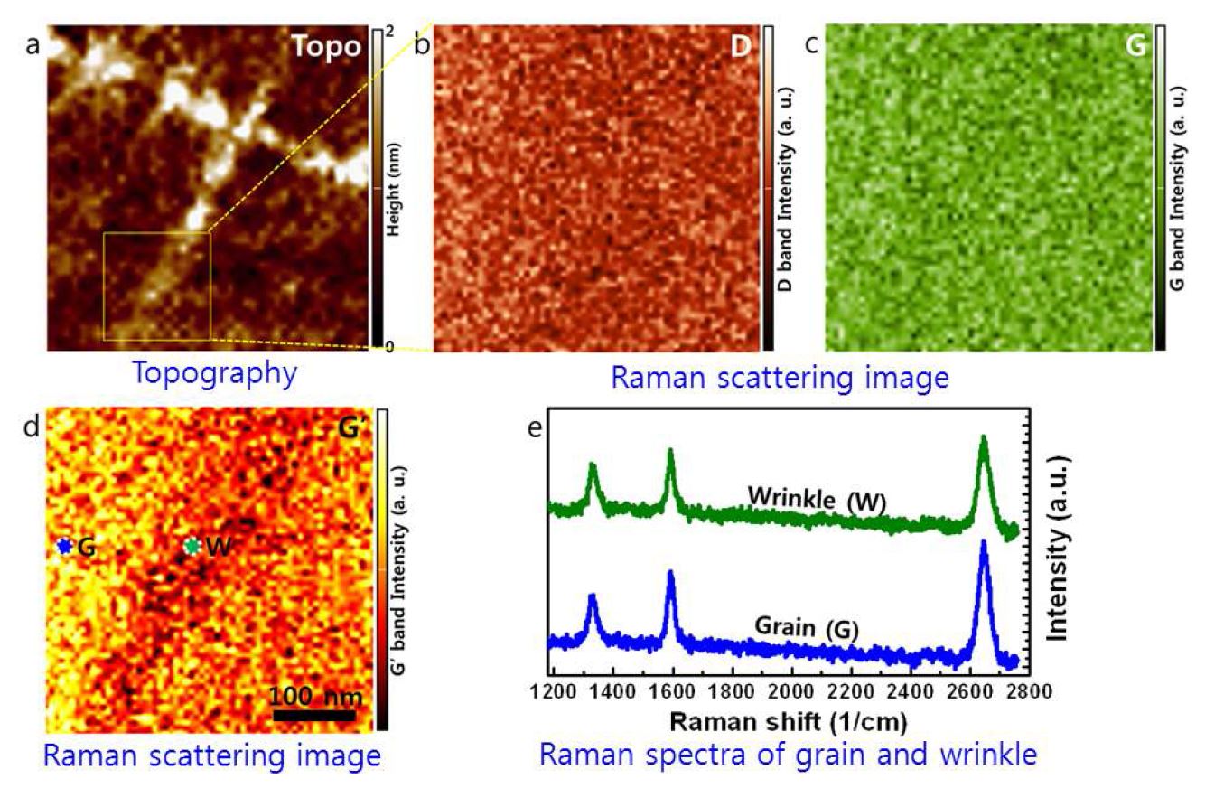 그림 34 그래핀 wrinkle의 UV-NSOM-Raman 측정 결과.