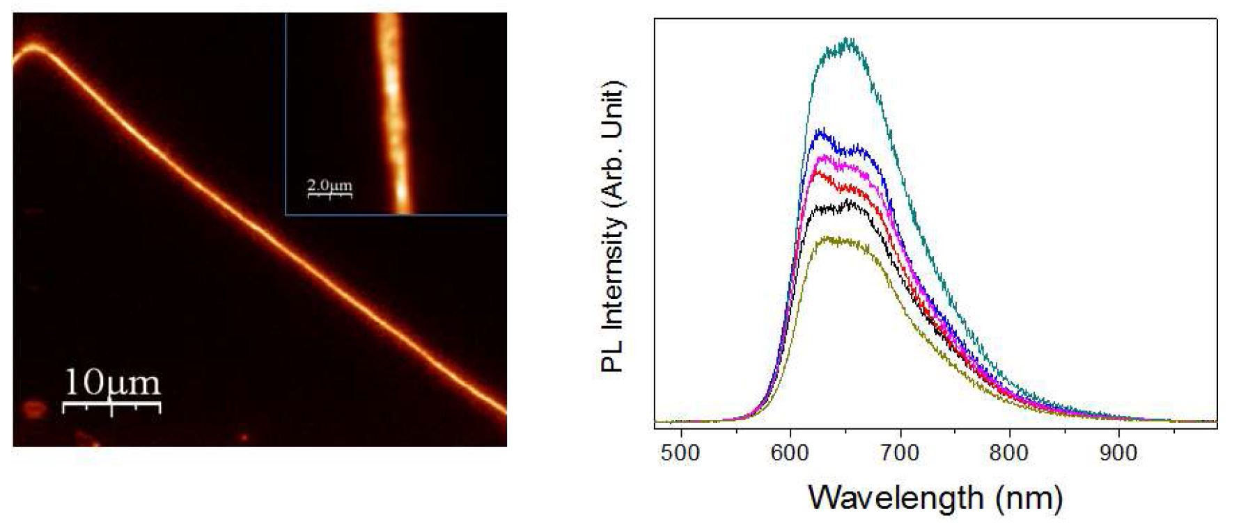 그림 52 P3BT 나노파이버의 공초점형광 이미지와 단일 나노파이버에서 얻은 PL 스펙트럼