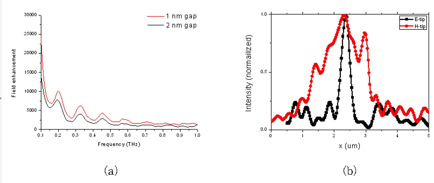 그림 67 (a) THz영역에서 나노갭의 전기장 증폭. (b) 나노갭에 형성된 전기장과 자기장의 독립적 측정.