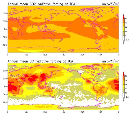Figure 2. (Anthropogenic) CO2 radiative forcing, as calculated by ECHAM5, in comparison with BC direct effect radiative forcing calculated by Chung et al. (2005) and published by Ramanathan and Carmichael