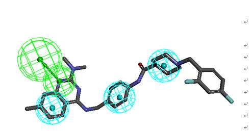 : 세계적으로 개발 중인 대표적인 약물성 저분자의 Wnt2 저해제 R4(Pfizer) 화학구조식에 대한 pharmacophore mapping 그림