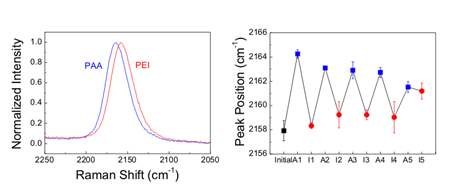 그림 38. 금 나노 필름 위에 폴리 아크릴산과 폴리(에틸렌이민) 을 교대로 흘려주었을 때 아이소시아나이드의 라만 스펙트럼 (좌) 고분자 적층에 따른 아이소 시아나이드 라만 피크 위치 변화. (우)