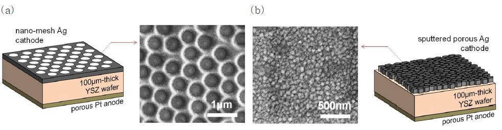그림 9. (a) 100μm YSZ wafer 상의 증착하는 nano-mesh 구조 Ag cathode와 (b) random-sputtering을 통해 증착하는 다공성 Ag cathode 개념도 및 실제 SEM