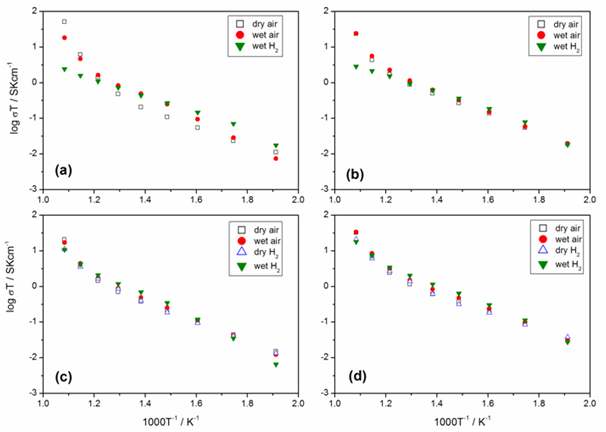 Arrhenius plot for the (a) BZPY0.5, (b) BZPY1, (c) BZPY2 and (d) BZPY3 electrolytes in different gas environments