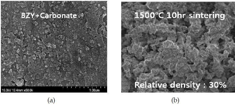 소결 후 (A) composite BZY+Carbonate (670 oC, 4hr) (B) 저온소결된 BZY (1500 oC,10 hr) 의 SEM image