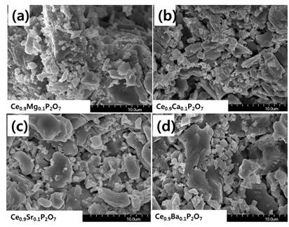 대기중, 450℃에서 8시간동안 소결된 (a) Ce0.9Mg0.1P2O7 (b) Ce0.9Ca0.1P2O7 (c)Ce0.9Sr0.1P2O7 (d) Ce0.9Ba0.1P2O7 펠렛들의 파단면의 SEM 이미지