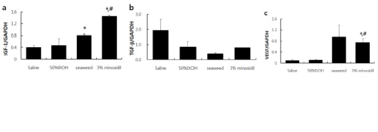 Fig. 6. Effects of seaweed, 50% EtOH and 3% minoxidil on the expression of IGF-1, TGF-β1, and VEGF by real time PCR. GAPDH was used as a comparative control. Results are expressed as mean±SE . *p<0.05, significantly different than the normal saline group.