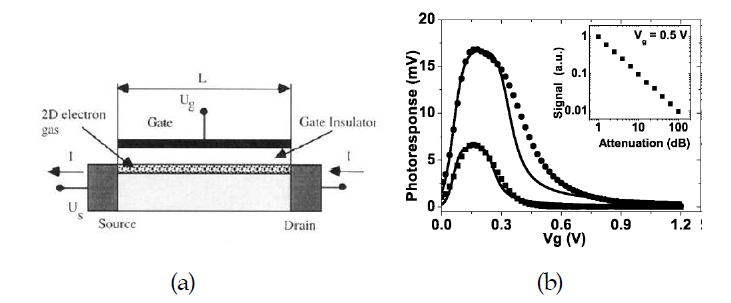 (a) FET 기반 Plasma-Wave Transistor 구조 (b) Si PWT 검출 소자 최초 결과(0.12THz)