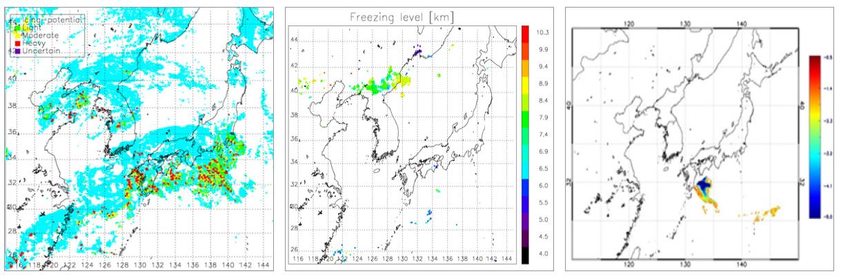 천리안위성 항공기상 산출물 (왼쪽: 항공기착빙 발생가능지역과 강도(2012.3.4.), 가운데: 착빙발생고도(2012.8.1.), 오른쪽: 일본 신모에다케 화산폭발에 의한 화산재 영역(2011.1.26))