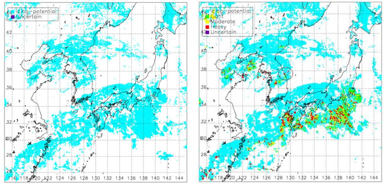 2012년 3월 4일 0545 UTC 착빙 사례로 왼쪽은 1차 착빙 잠재성(Icing-Potential)만을 평가하였을 때, 오른쪽은 착빙 잠재성(또는 불분명하게 분류된 Uncertain 경우)을 가진 픽셀들에 대한 착빙강도 산출 결과