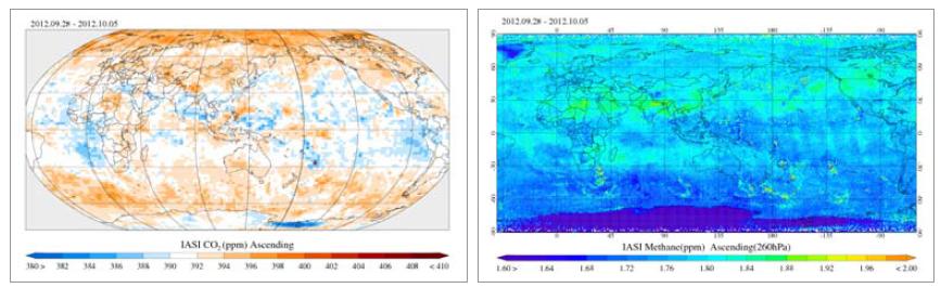 Metop-A/IASI 자료의 8일 평균 CO2 및 CH4 전구 분포