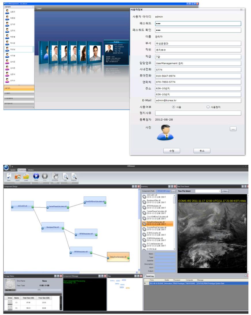 사용자 관리 및 컴포넌트 기반 위성영상처리 소프트웨어 화면 예시