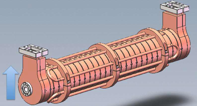 Transverse deflecting cavity의 3D 모델링, 화살표는 beam deflection 방향을 나타냄