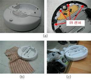 그림 1-2. (a) 바닥의 주행방해 물체를 탐지하기 위한 다수의 센서 배치, (b) 바닥의 주행방해 물체를 탐지하지 못한 경우, (c) 다른 물체 때문에 바닥의 단차를 탐지하지 못한경우.