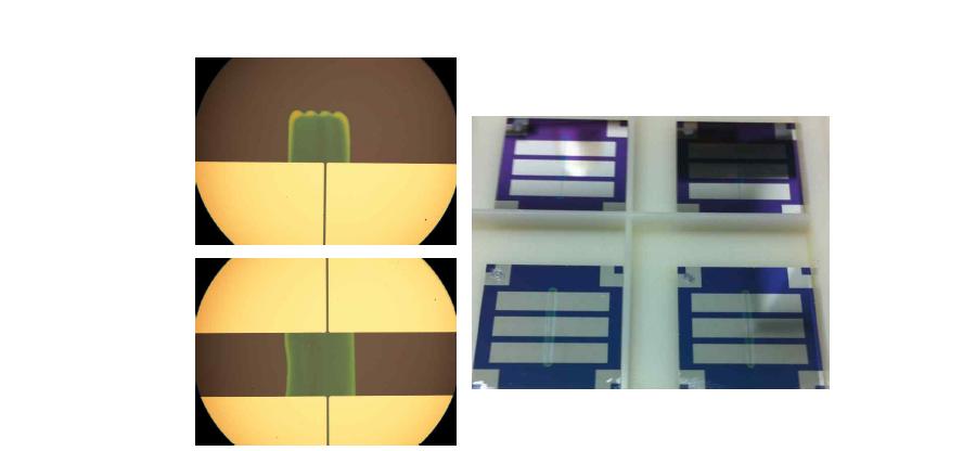 에틸클리콜을 10, 35 % 첨가한 0.2 M 농도의 인듐이 첨가된 산화아연 (IZO) 전구체의 잉크젯 프린팅 후 형성된 TFT 채널 및 사진